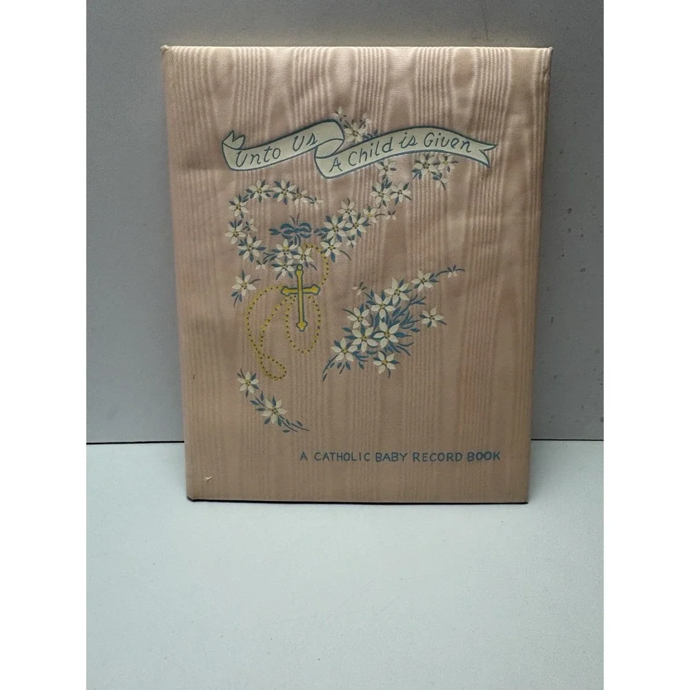 Vtg 50'S CATHOLIC BABY RECORD  BOOK  8X10 Lovely Graphics NEVER USED Satin Cover